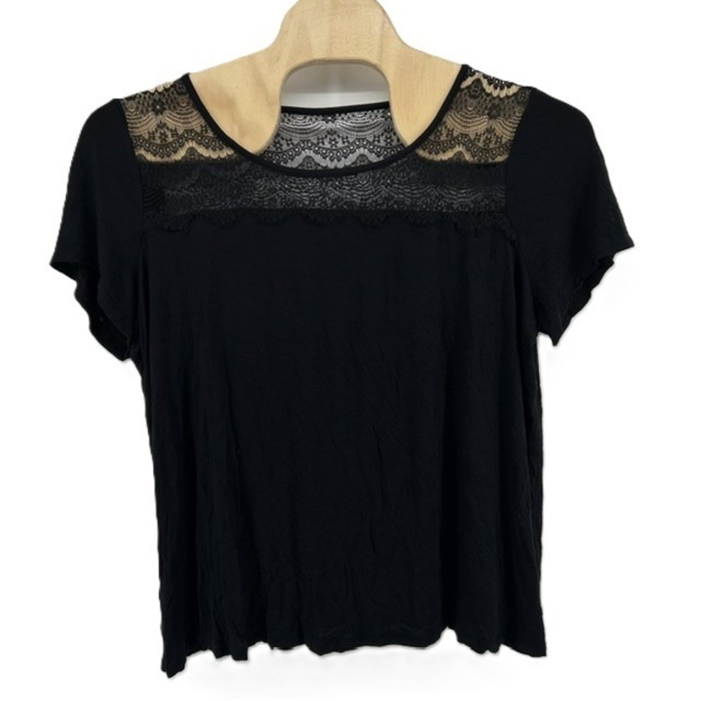 Lane Bryant Black Lace Yoke Short Sleeve Top Plus Size 22/24 Rayon Spandex